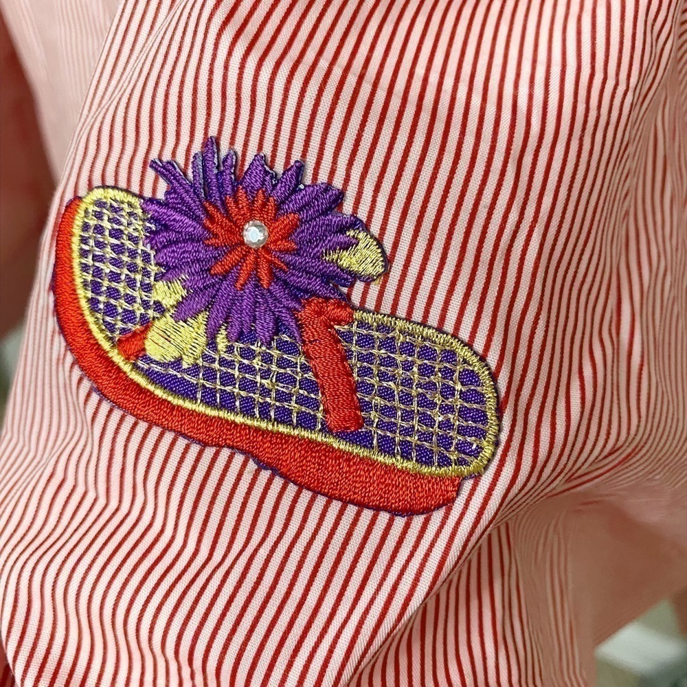 Las Olas Red and White Striped Button Down Long Sleeve Shirt with Embroidery - Picture 11 of 12